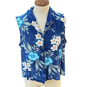 La Cabana Women Sleeveless Hawaiian Cropped Shirt Blue Tropical Floral Size XL